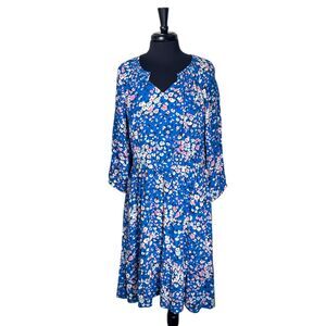 Talbots Womens Dress PL Blue Pink Floral Midi V-Neck Smocked Cottagecore Pockets